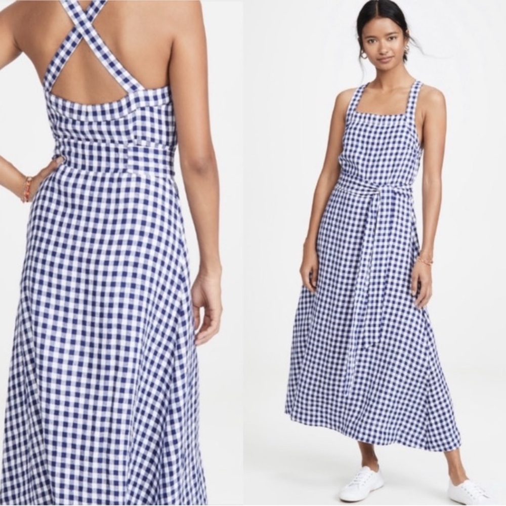 AYR || The Porch Linen Midi Dress Criss Cross Back Belted Blue Gingham XS
